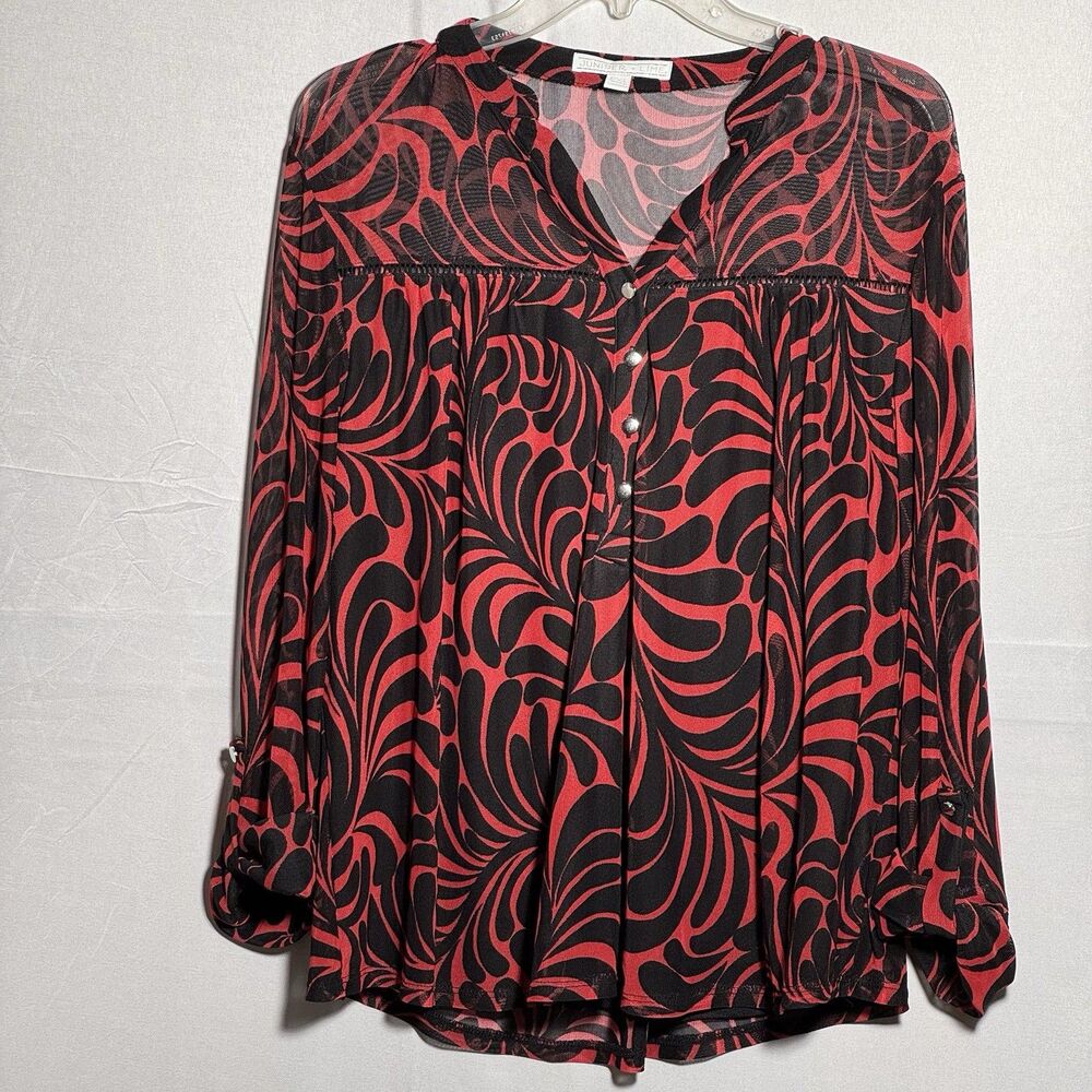Juniper + Lime Womens PXL Red Black Abstract Print Tunic Blouse Long Sleeve